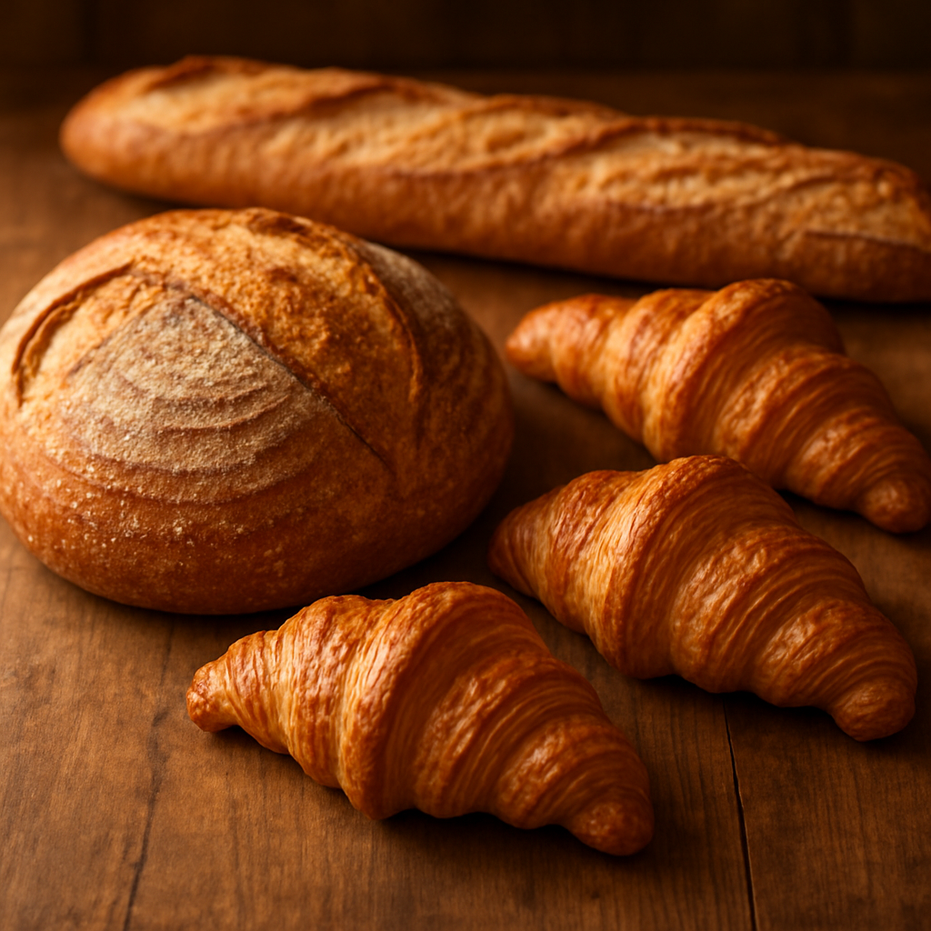 Freshly baked artisan breads and croissants arranged on a rustic wooden table