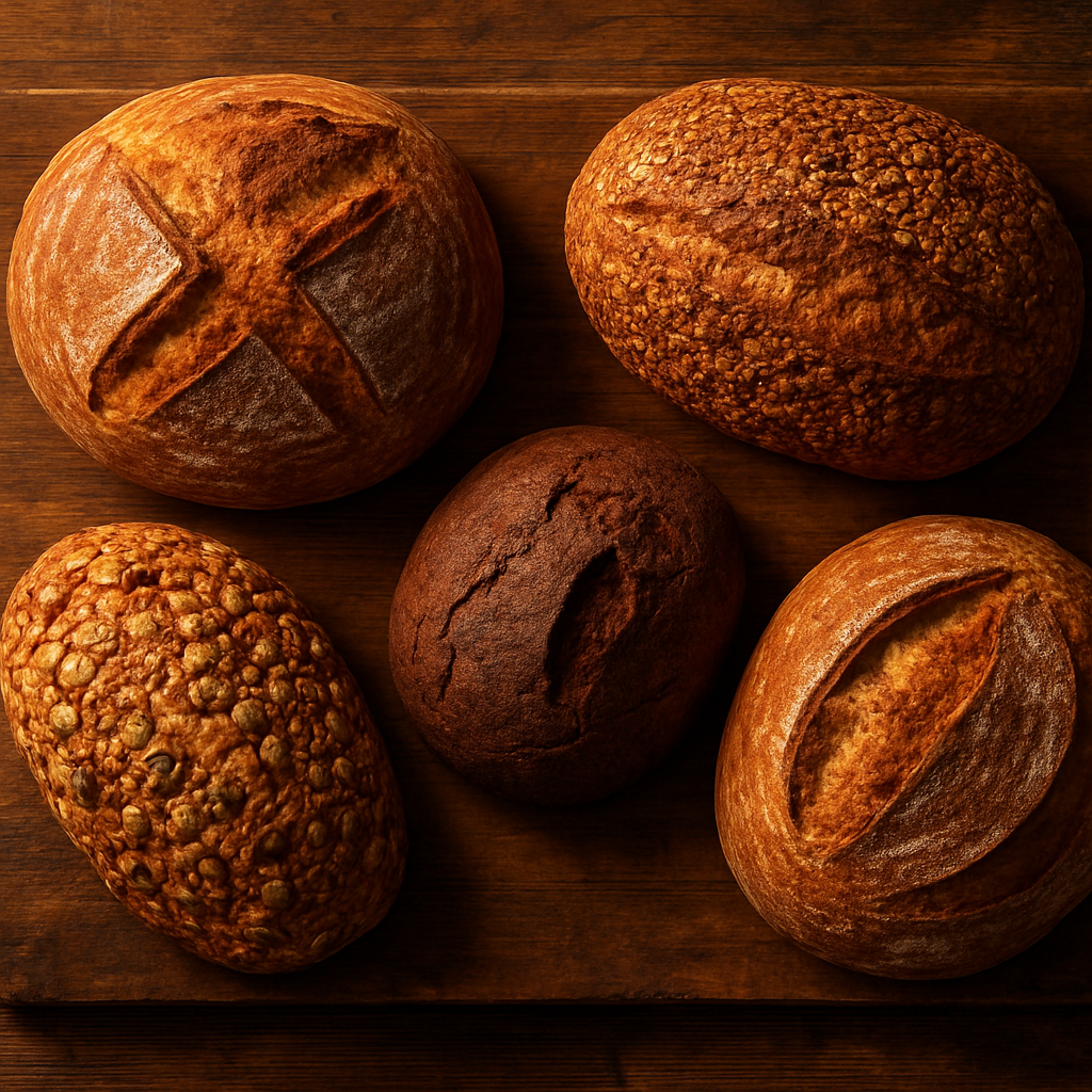 Assorted artisan sourdough and seeded loaves on a rustic wooden board