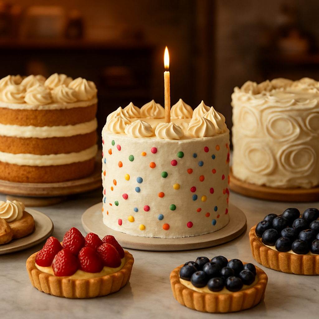 Beautiful layered celebration cakes and fruit tarts on a marble counter