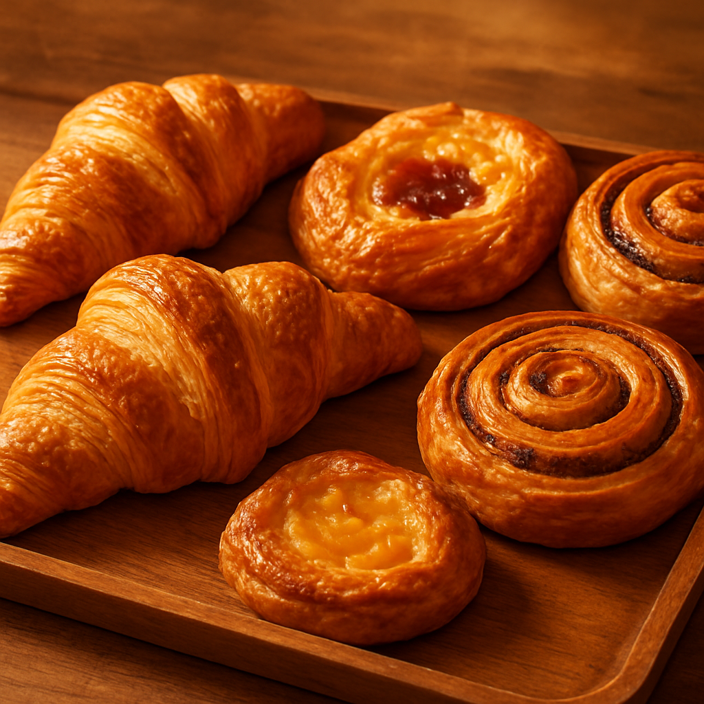 Flaky croissants, danish pastries and cinnamon rolls on a wooden tray