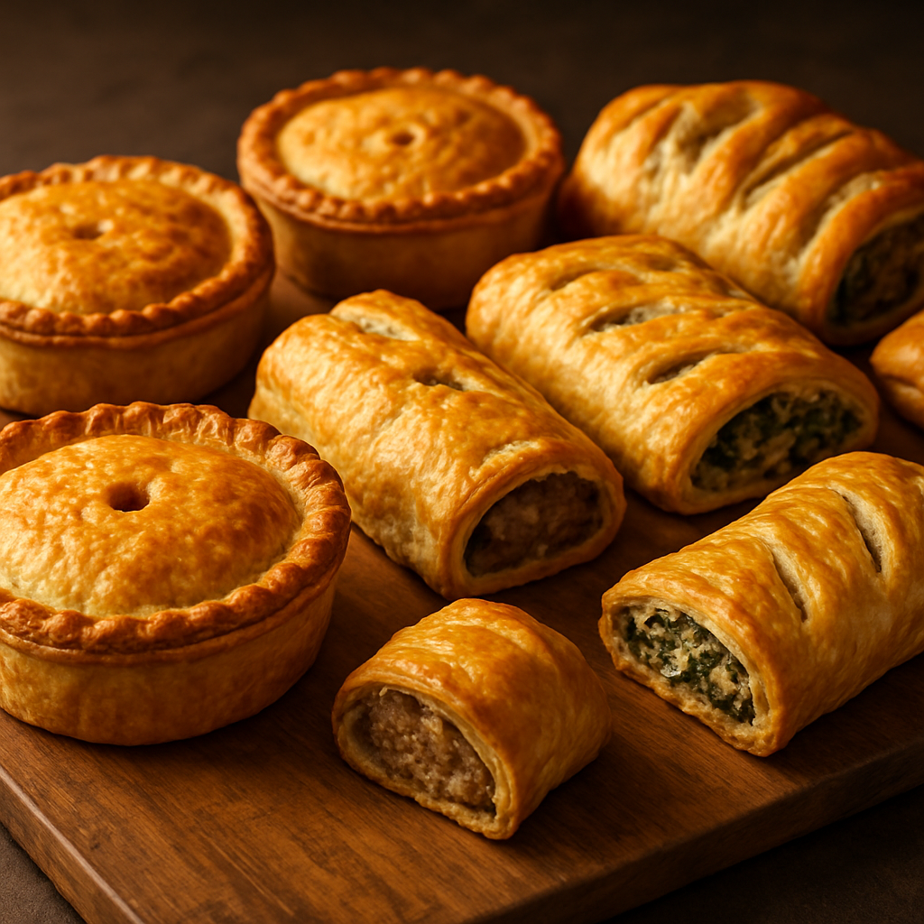 Freshly baked meat pies, sausage rolls and savoury pastries on a wooden board